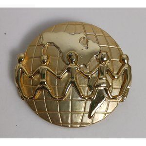 Vintage Signed Dancraft Goldtone CHILDREN of WORLD GLOBE Shape Brooch Pin 1.50"
